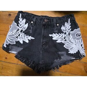 Furst of a Kind Levis Denim Shorts Black Lace Wing Applique Distressed Womens